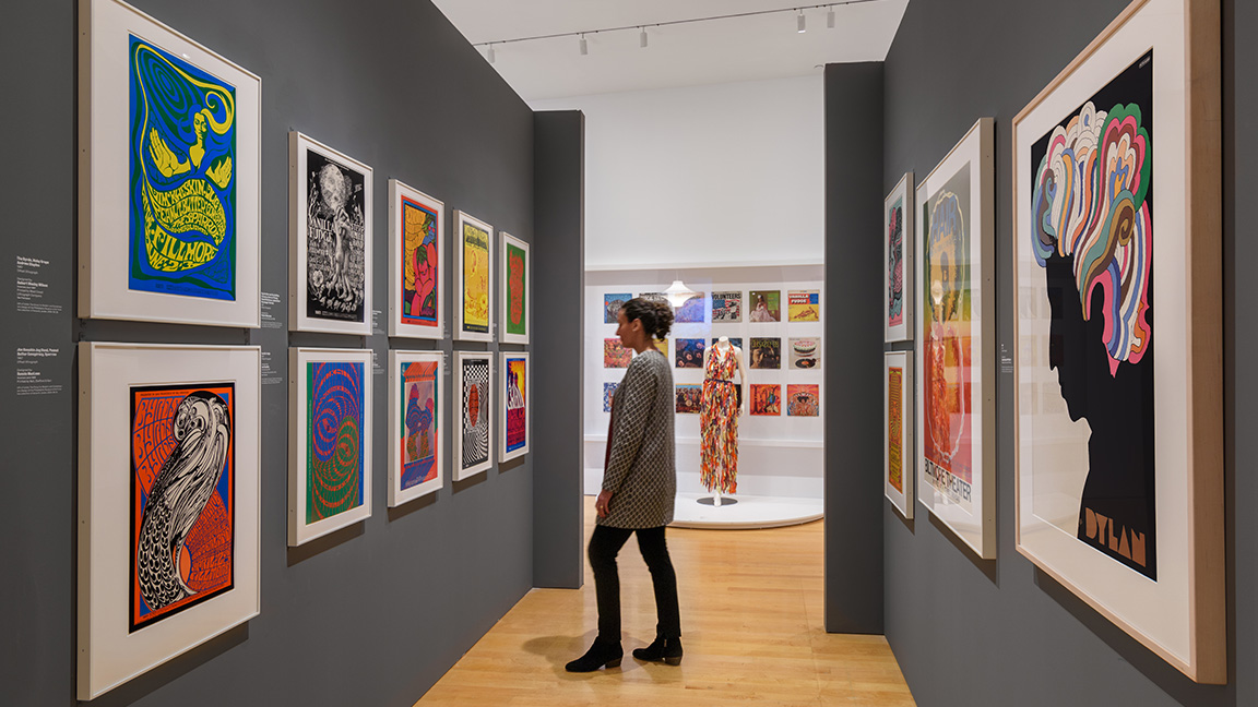 Visitor exploring a prints show at the Perelman Building